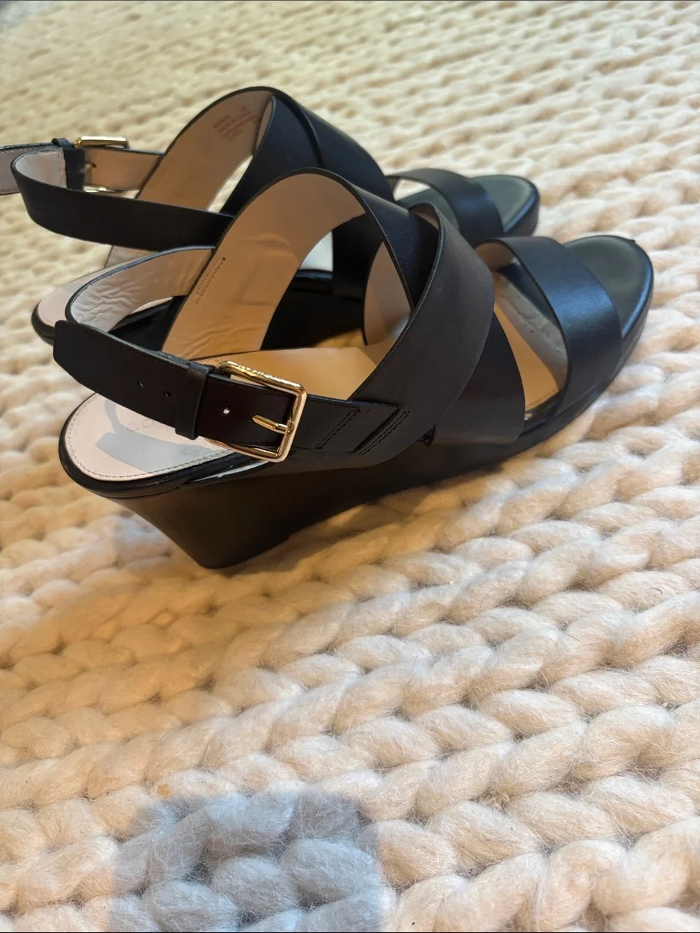 Cole Haan Black Leather Crisscross Wedge Sandals